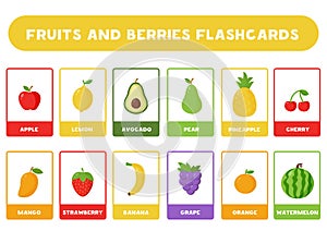 Cute cartoon fruits with names. Flash cards for children.