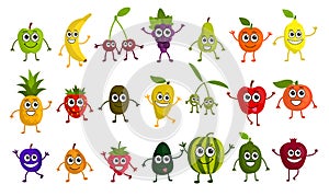 Cute cartoon fruits set in flat style isolated on white background.
