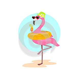 Cute cartoon fun flamingo with swimming inflatable ring float on vacation drinking cocktail