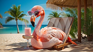 Cute cartoon funny flamingo, beach sunglasses beach, fashion palm trees journey concept