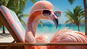 Cute cartoon funny flamingo, tropical sunglasses beach, fashion palm trees journey concept