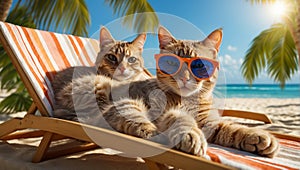 Cute cartoon funny poster cat poster sunglasses, beach, sunset tropic comic summertime