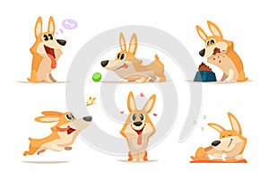 Cute cartoon funny puppy. Vector animal. Dog in various action poses