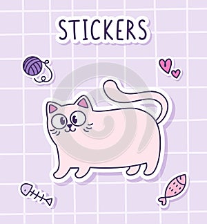 Cute cartoon funny white cat stands. Sticker of a cat with toys on a checkered background. Label Sticker.