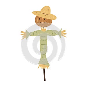 Cute cartoon garden scarecrow. A pumpkin head in a straw hat