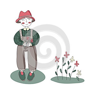 Cute cartoon gardener character and the flowers, vector isolated illustration in simple style.