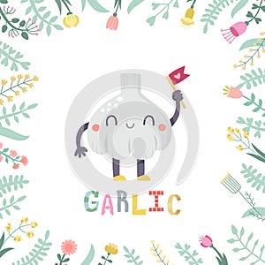 Cute cartoon garlic illustration with flowers and lettering.