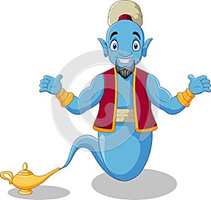 Cute cartoon genie appear from magic lamp