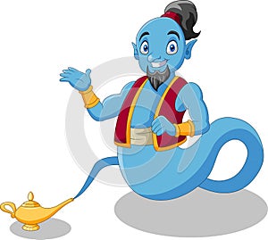 Cute cartoon genie appear from magic lamp