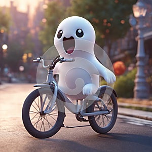 Cute cartoon ghost riding a bicycle in a city