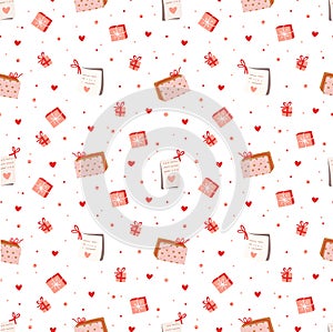 Cute cartoon gifts and letter greeting vector seamless pattern