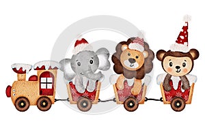 Cute cartoon gingerbread train with animals isolated on white background. Watercolor hand drawn illustration.