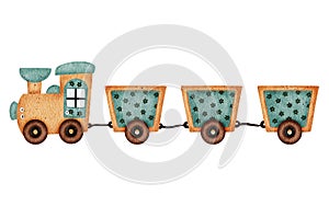 Cute cartoon gingerbread train with animals isolated on white background. Watercolor hand drawn illustration.