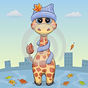 Cute cartoon giraffe in a blue hat and scarf.