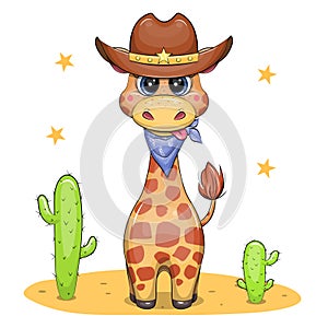 Cute cartoon giraffe with cowboy hat and blue scarf.