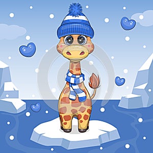 A cute cartoon giraffe in a hat and scarf is standing on the ice.