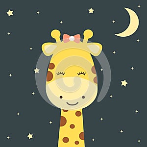 Cute cartoon giraffe in the night starry sky funny illustration