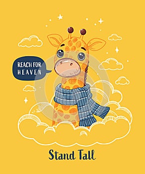 Cute cartoon giraffe with scarf and clouds. Vector illustration