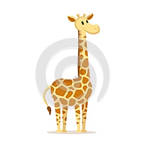 Cute cartoon giraffe standing, cartoon character. Flat vector illustration, isolated on white background.