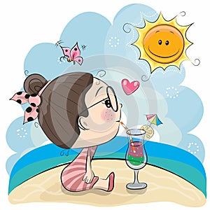 Cute Cartoon Girl on the beach