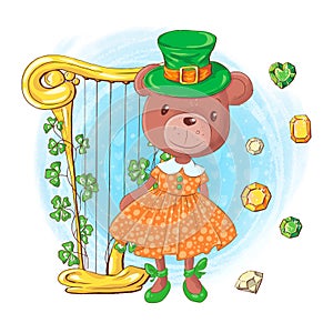 Cute cartoon girl bear in a leprechaun hat with harp and precious stones, card for St. Patrick`s Day. Vector