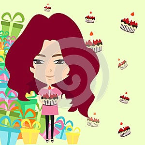 Cute cartoon girl in birthday party background (ve