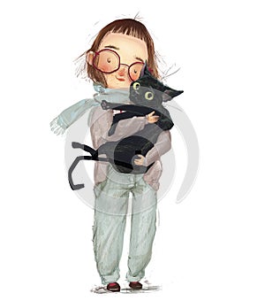 Cute cartoon girl with black cat