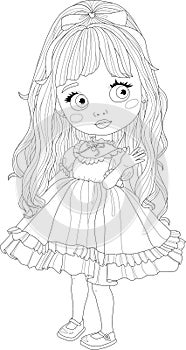 Cute cartoon girl with bow in vintage retro dress sketch template. Graphic vector illustration in black and white