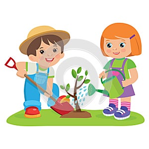 Cute Cartoon Girl And Boy Working In The Garden Vector Illustration. Kids Plant A Tree.