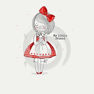 Cute cartoon girl with bunny toy in hands. Illustration for kids and children prints, apparel and other design