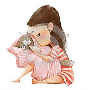 Cute cartoon girl with cat