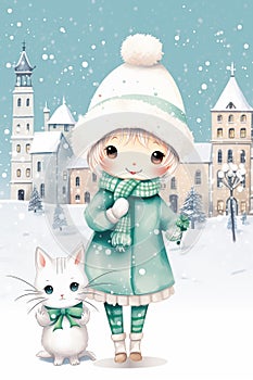 Cute cartoon girl and cat in winter city.