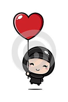 Cute cartoon girl character wearing Muslim costume with a flying veil with a heart-shaped balloon