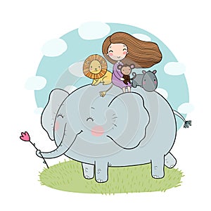 Cute cartoon girl, elephant, monkey and hippo.