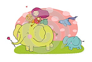 Cute cartoon girl, elephant, monkey and hippo.