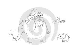 Cute cartoon girl, elephant, monkey and hippo.