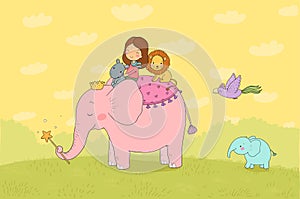 Cute cartoon girl, elephant, monkey and hippo.