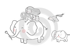 Cute cartoon girl, elephant, monkey and hippo.