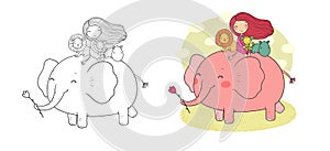 Cute cartoon girl, elephant, monkey and hippo. African animals.