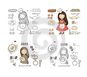 Cute cartoon girl embroiders a beautiful pattern. Woman cook bakes pies. Interesting hobby