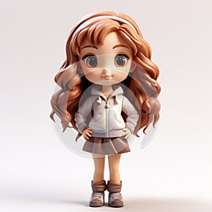 Cute Cartoon Girl Figurine With Caramel Hair On White Background