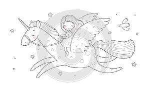 Cute cartoon girl flies on a pegasus. Princess and unicorn