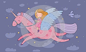 Cute cartoon girl flies on a pegasus. Princess and unicorn