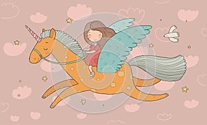 Cute cartoon girl flies on a pegasus. Princess and unicorn