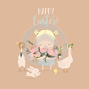 Cute Cartoon Girl with Floral Bouquet, Easter Rabbit and Gooses