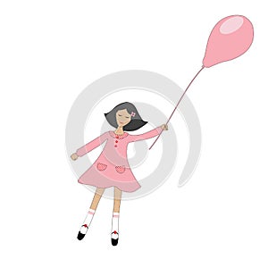 Cute cartoon girl flying with a balloon