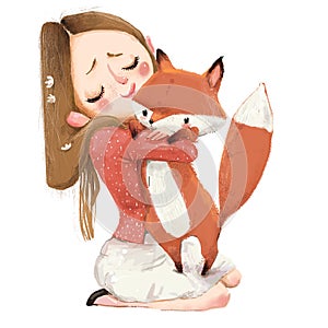 Cute cartoon girl with a fox