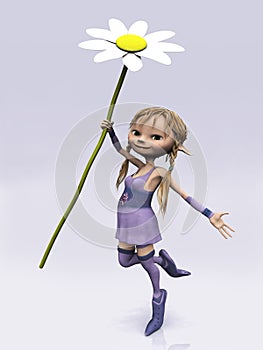 Cute cartoon girl holding big flower