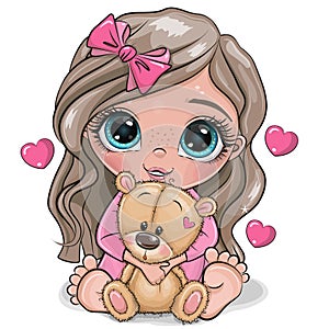 Cute cartoon girl holding Teddy Bear