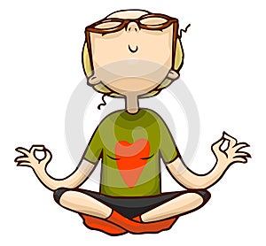 Cute cartoon girl meditation in lotus position. Vector isolated colorful yoga girl illustration